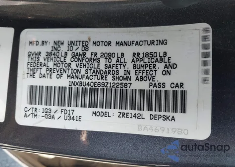 2009 Toyota Corolla S from USA, damaged, VIN 1NXBU40E69Z122587